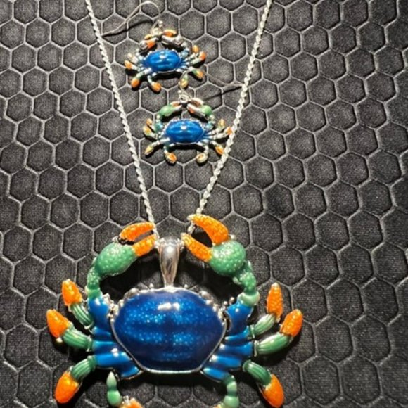 Venice By The Sea Jewelry Jewelry - Crab Necklace and Earring Set Blue and Orange 18K White Gold Plated